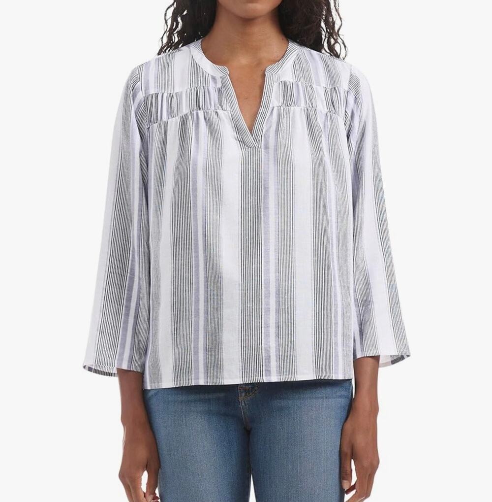 Splendid Linen Blend Striped White Purple Light Weight Shirt Sz M